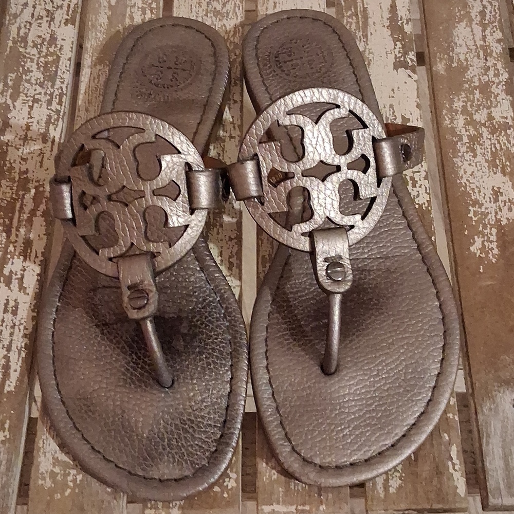 Tory Burch Metallic Taupe Logo Thong Sandals SOLD